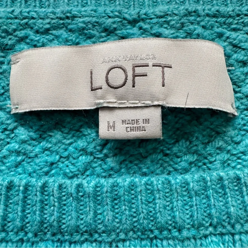 LOFT Teal Aqua Teal Blue Green Textured Knit Body Crewneck Sweater Sz M